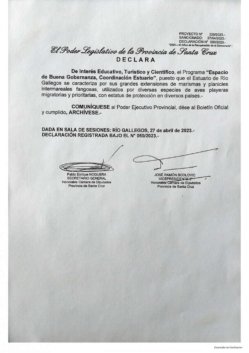 Declararon de Interés Educativo, Turístico y Científico al Programa &quot;Espacio de Buena Gobernanza, Coordinación Estuario Río Gallegos&quot;