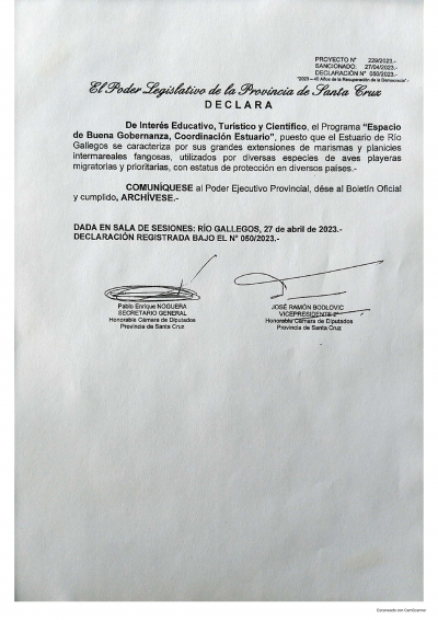 Declararon de Interés Educativo, Turístico y Científico al Programa "Espacio de Buena Gobernanza, Coordinación Estuario Río Gallegos"