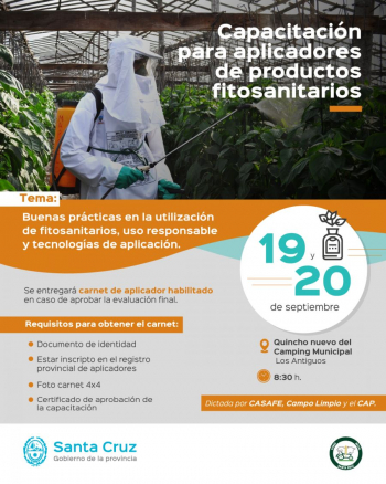 Capacitarán a aplicadores de productos fitosanitarios en Los Antiguos